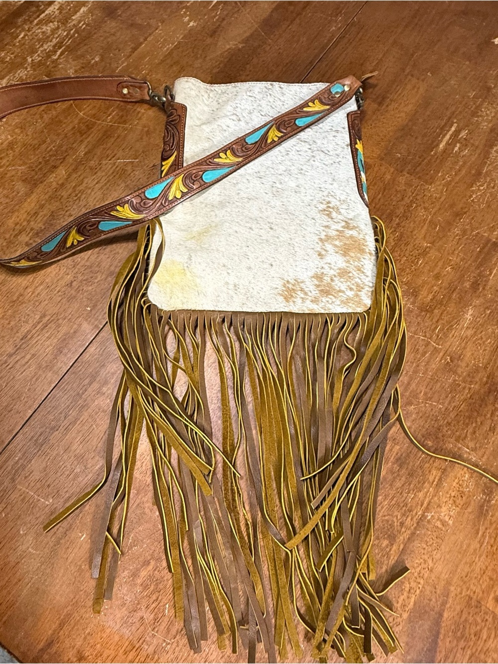 American Darling Cowhide Leather Fringe Crossbody Bag Turquoise Tooled Purse - Picture 3 of 11